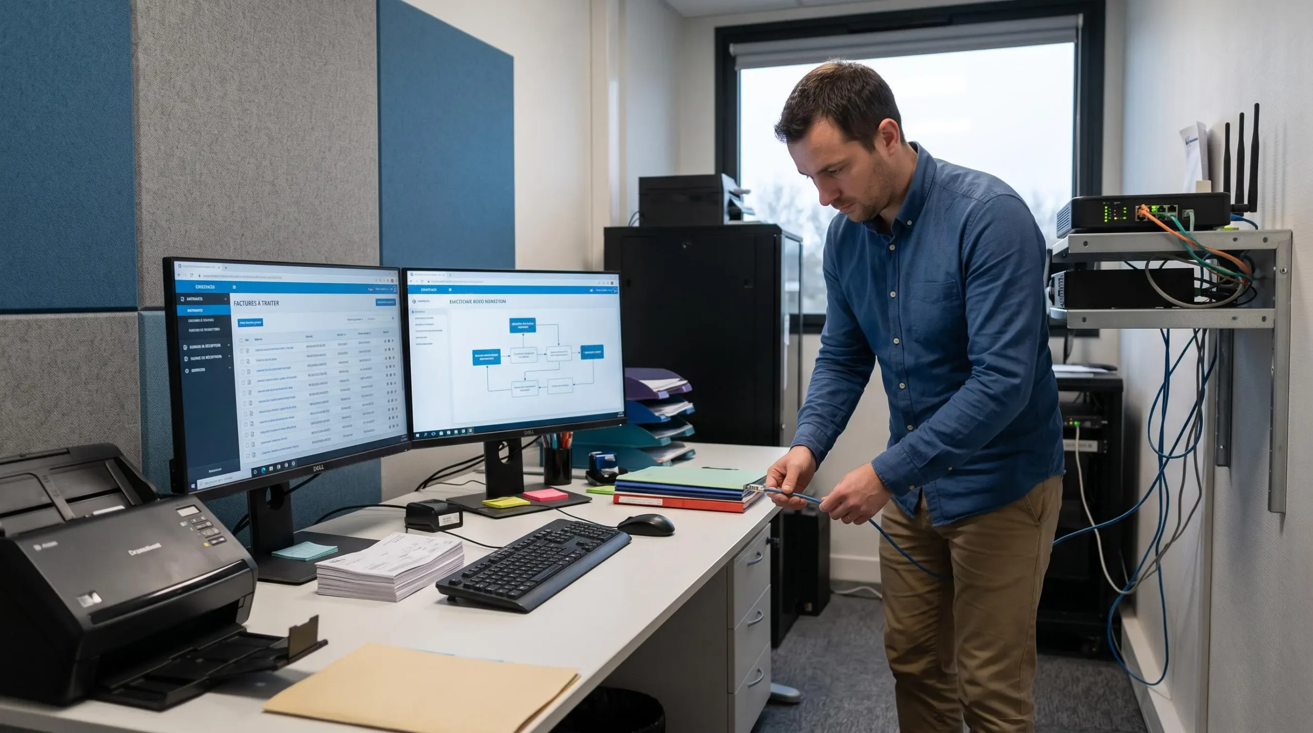 Responsable de bureau connectant un poste de travail à un routeur réseau dans un back-office de PME équipé pour la dématérialisation des factures.