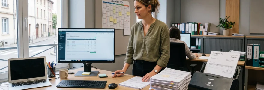Comptable d'une PME examinant une facture fournisseur sur son écran dans un bureau de comptabilité lumineux.