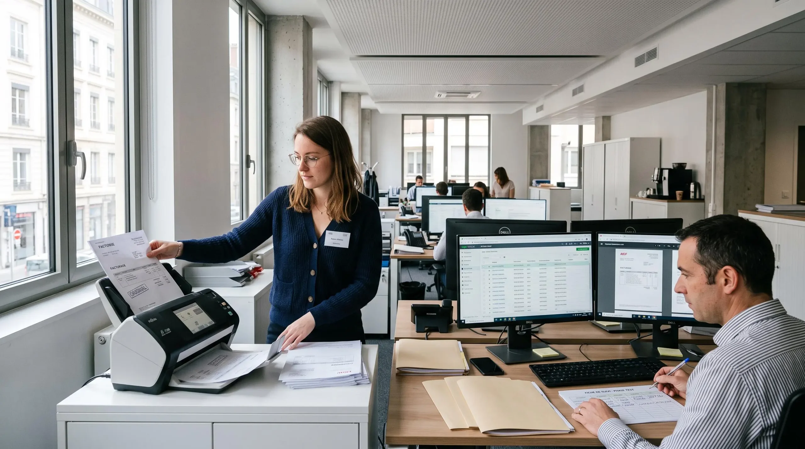 Deux comptables testant en conditions réelles la réception de factures électroniques dans un open space de PME, l'une numérisant des factures papier, l'autre contrôlant les factures dématérialisées reçues.